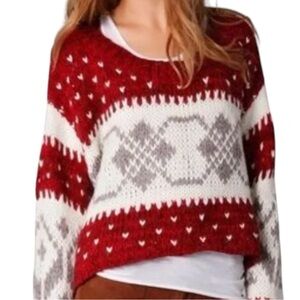 Free People Red, White, Gray Nordic Cropped Sweater Women's Size XS